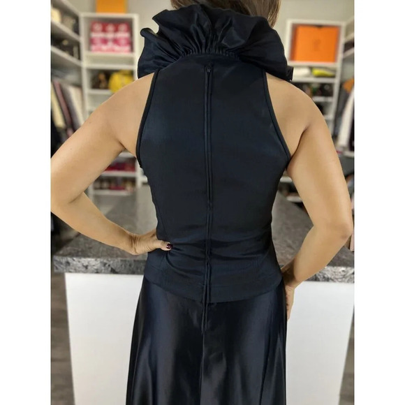 Tadashi Black Satin Ruffle High Collar Maxi Dress $495 - Picture 8 of 12